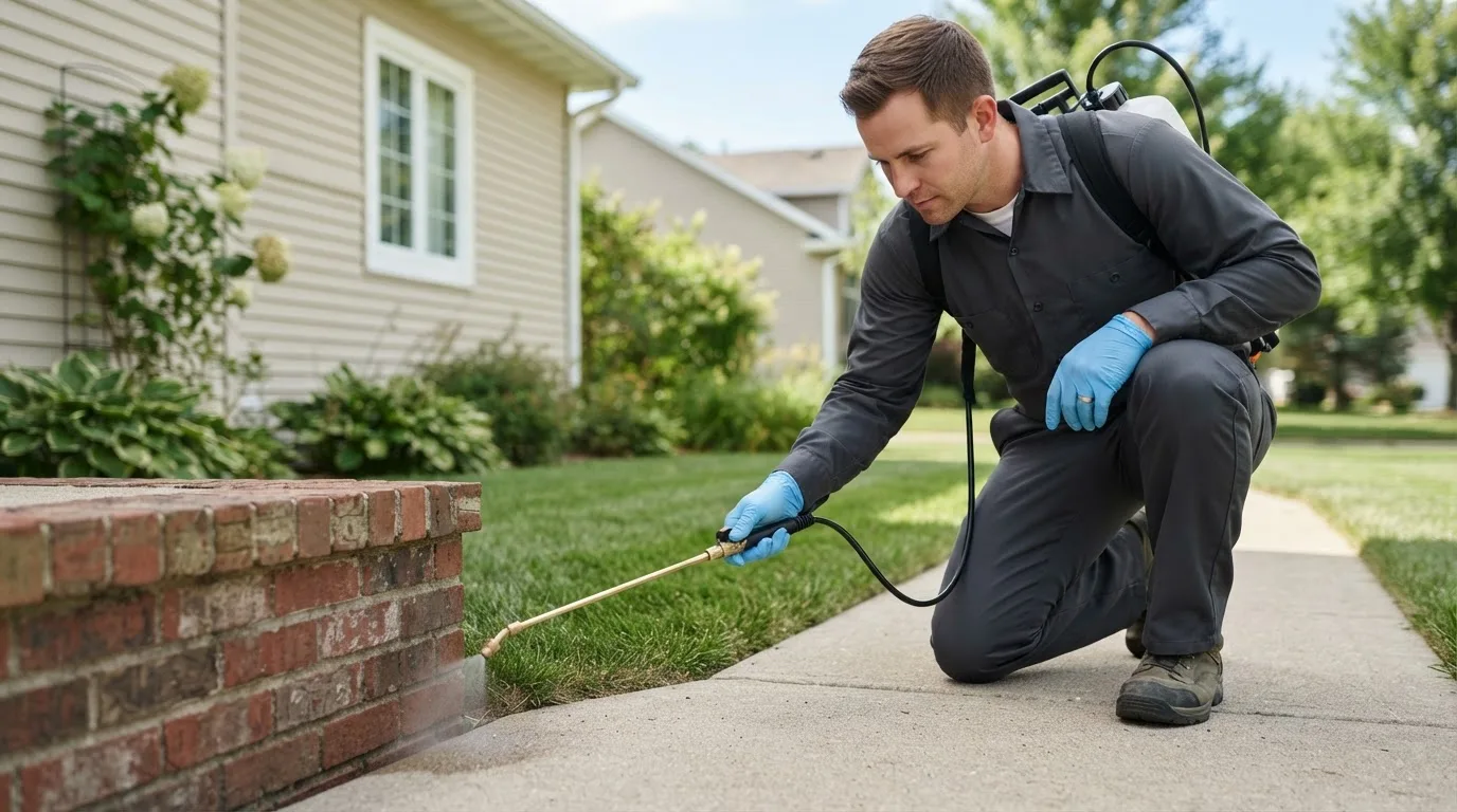 Pest control technician treating a home near Pisgah, IA