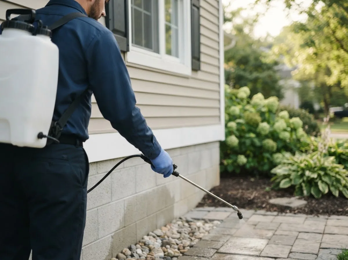 Pest control technician inspecting a home in Pisgah, IA